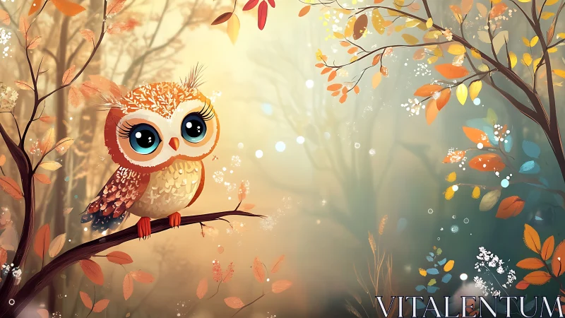 Cute cartoon owl on autumn branch in whimsical forest scene.