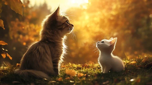 Two Cats in Autumn Setting with Golden Backlit Lighting.
