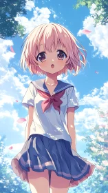 Soft spring sky moment with daydreaming schoolgirl wonder.