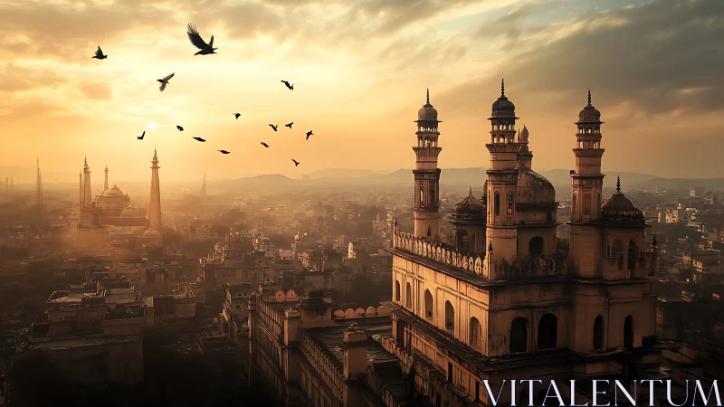 Sunrise over historic domed city skyline with birds in flight