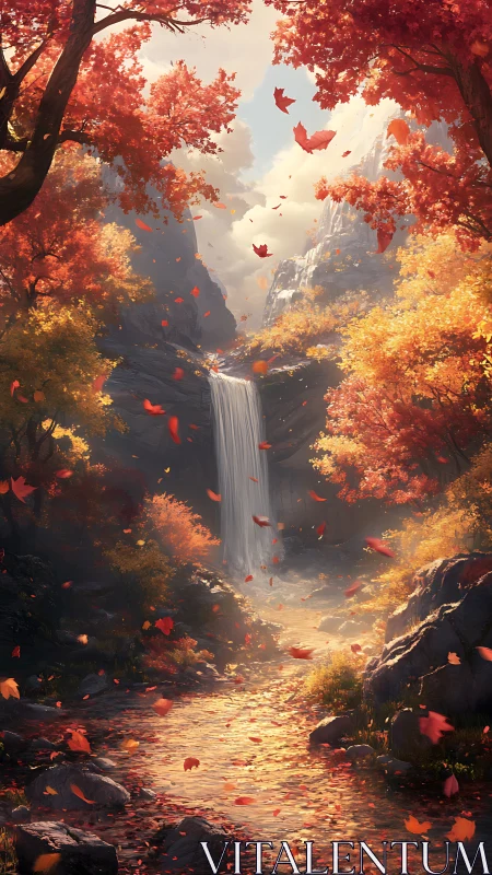 Autumn canyon waterfall with red foliage and falling leaves.