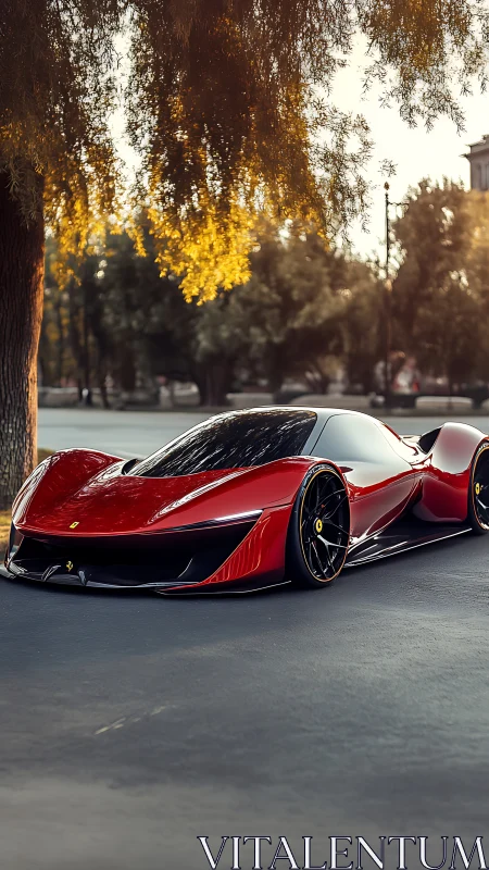 Red hypercar glides under golden sunset city trees.