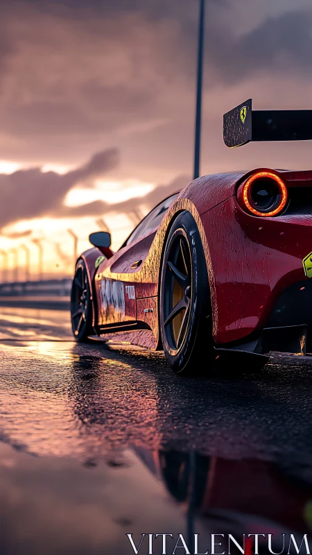 Red racing car rear view on wet track at sunset