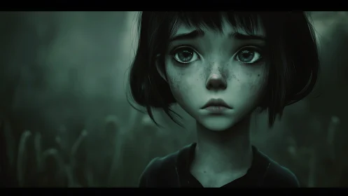 Young person with short hair in dim outdoor environment.