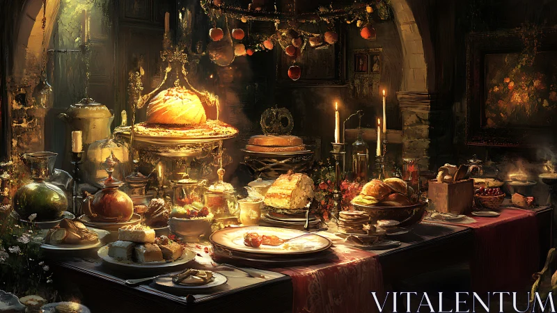 Candlelit banquet table displays assorted breads and desserts