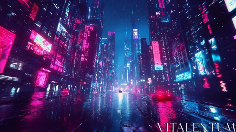 Rain-soaked neon avenue reveals dense high-rise cyberpunk grid