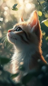 Sunlit kitten gazes at dancing leaves in a soft forest glow.