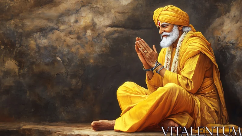Elderly holy man in yellow robes seated in prayerful pose.