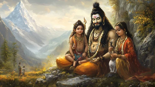 Hindu divine family seated in serene mountain landscape.
