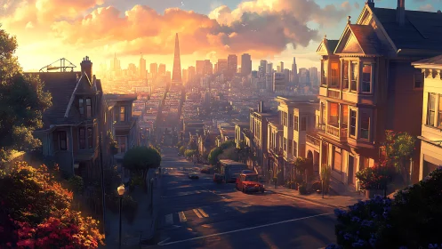 Sunlit hilltop avenue gazes toward a glowing city horizon.