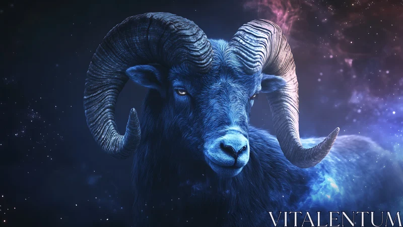 Celestial ram emerges in glowing blue cosmic nebula.