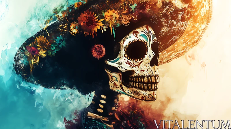 Calavera portrait in blazing turquoise and gold contrasts.