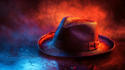 Moody fedora resting in vibrant neon glow and soft mist.