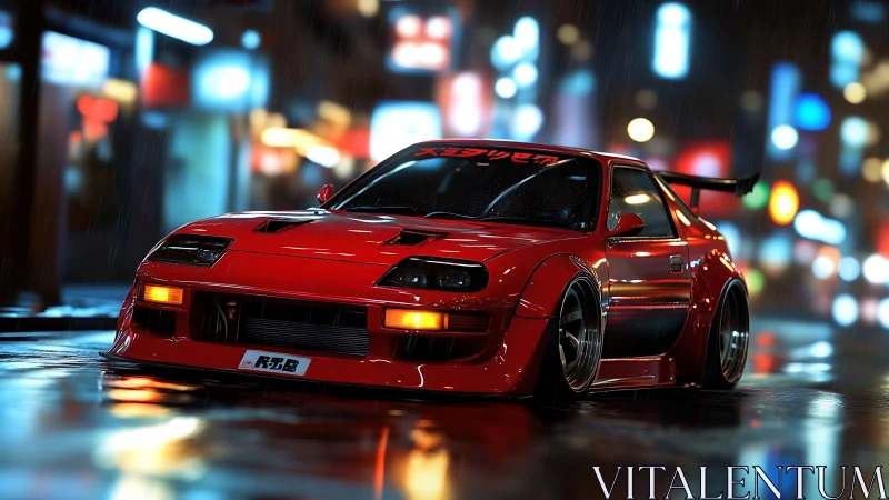 Low-slung red tuner coupe in neon-soaked nocturnal streetscape.