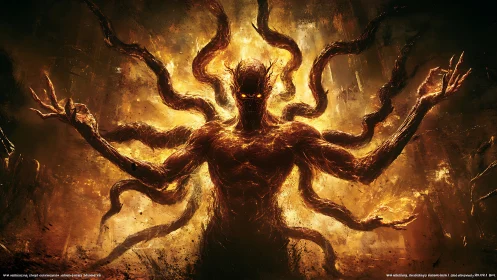 Volcanic tendril entity emerging from incandescent inferno.