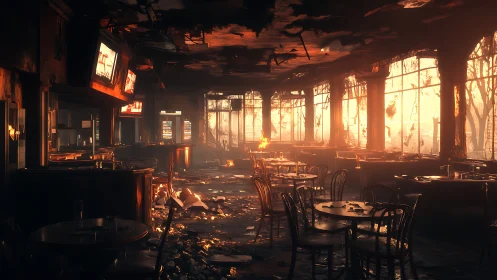 Burned out bar interior with scattered tables and debris.