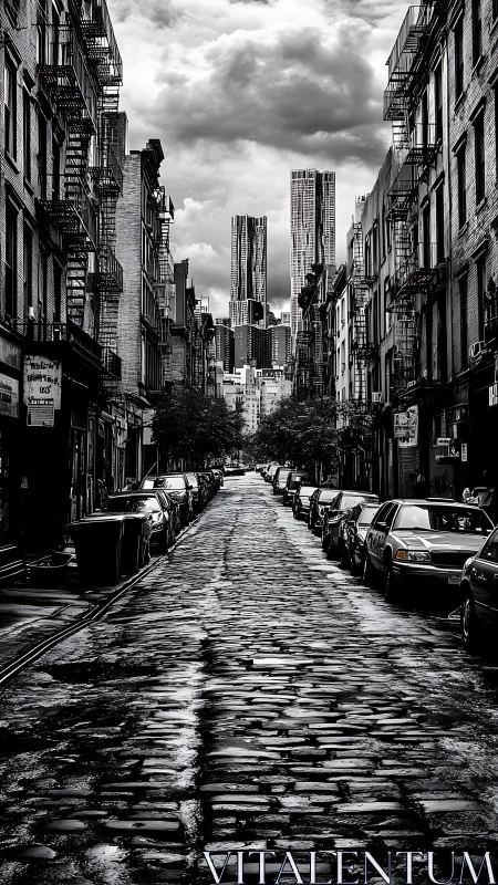 Monochrome cobblestone street leads toward looming city towers.