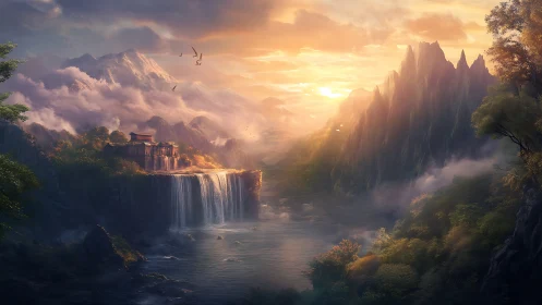 Mountain valley landscape shows river, waterfall and structures