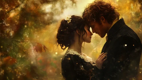 Romantic Couple Portrait with Golden Bokeh Atmospheric Lighting and Ethereal Glow Effects