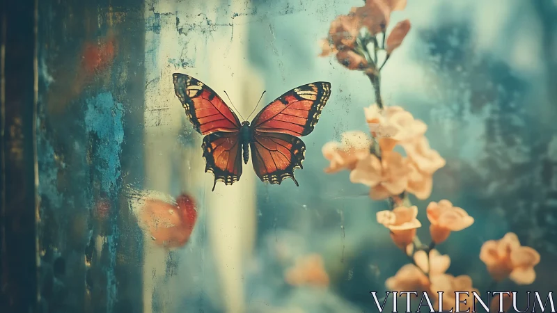 Macro study of orange butterfly on misted glass beside florals