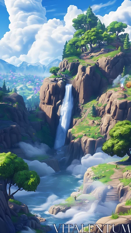 Cloud-tipped cliffs cradle a bright waterfall of wandering mist