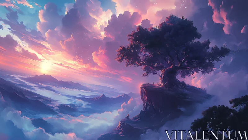 Lone tree on clouded cliff under vivid sunset sky.