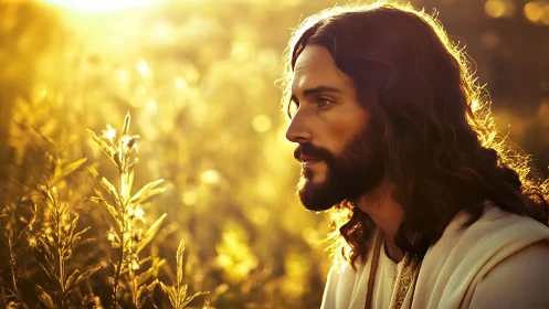 Side profile of long-haired man in warm backlit field