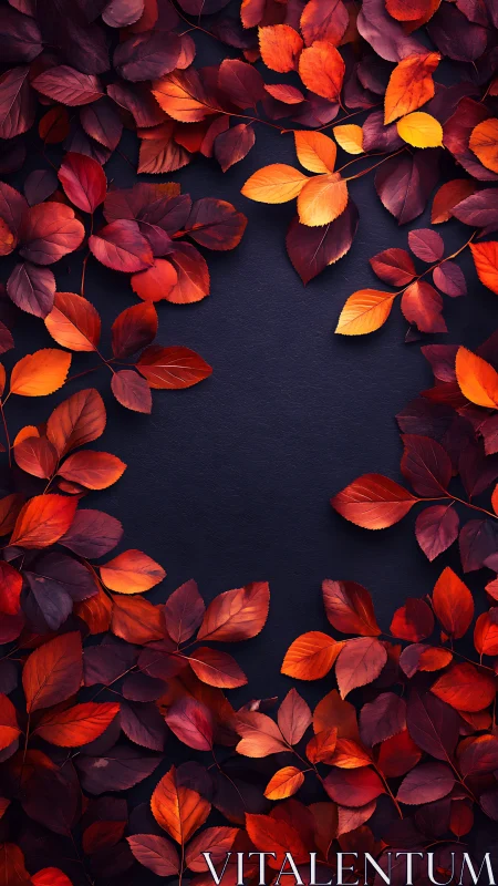 Autumn red and orange leaves framing dark textured background.