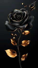 Black Rose with Gold Leaf Accents Against Dark Background