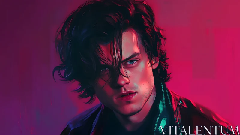 Male portrait in neon magenta and blue lighting on dark ground.