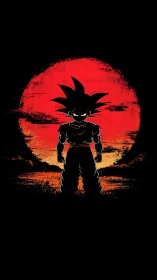 Silhouetted anime warrior stands against a burning red sun