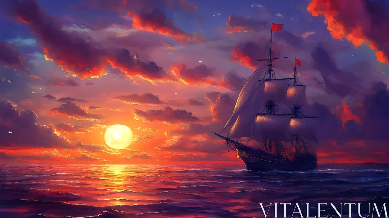 Tall ship sails toward a glowing sunset on vivid seas