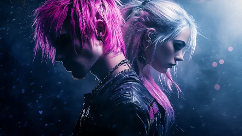 Neon-haired cyberpunk duo stand back to back in blue haze.