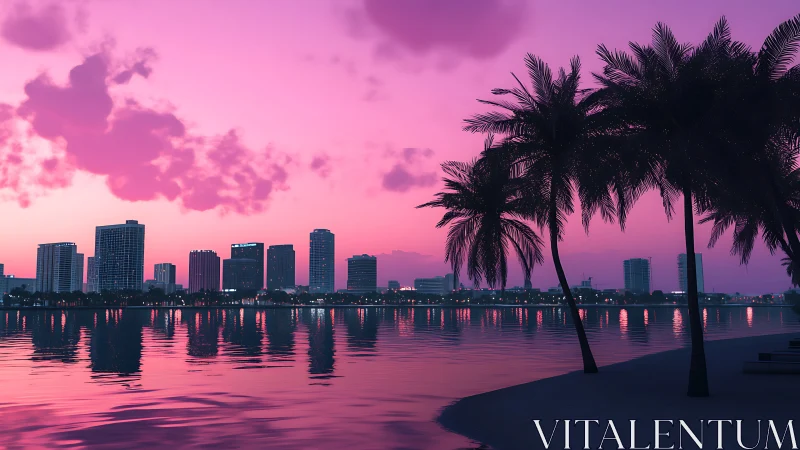 Tropical city shoreline glows under vivid magenta sunset sky