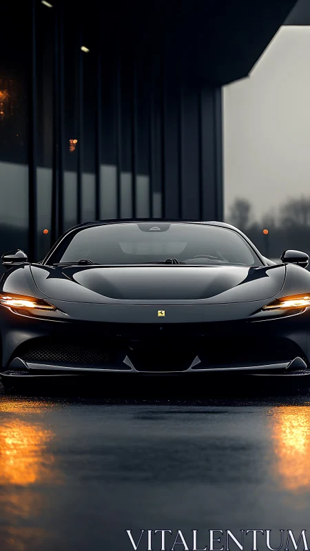 Photorealistic low-angle supercar front on wet urban tarmac.