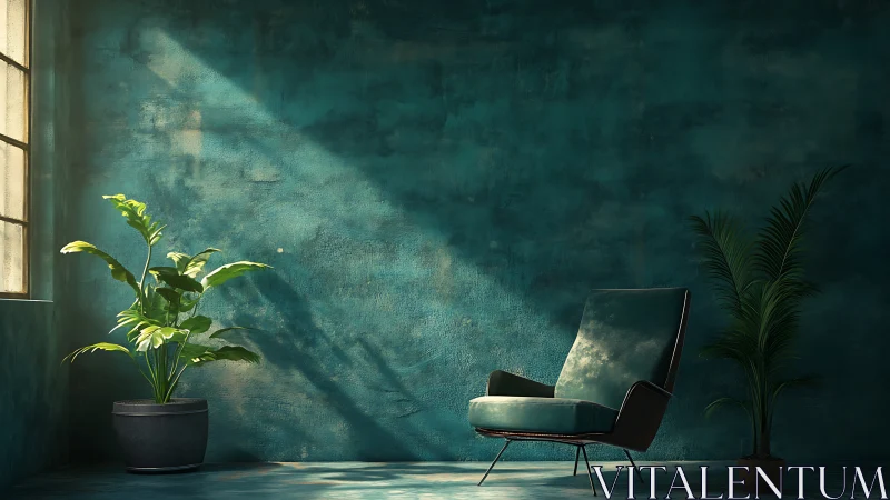 Sunlit teal interior with chair and two potted plants.