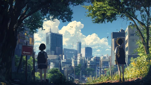 Two friends pause above the city, sharing a quiet summer moment.