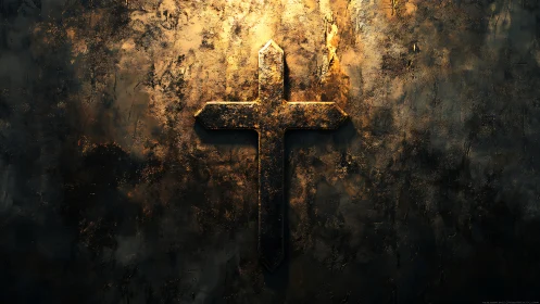 Burnished iron cross glowing against a timeworn stone wall.