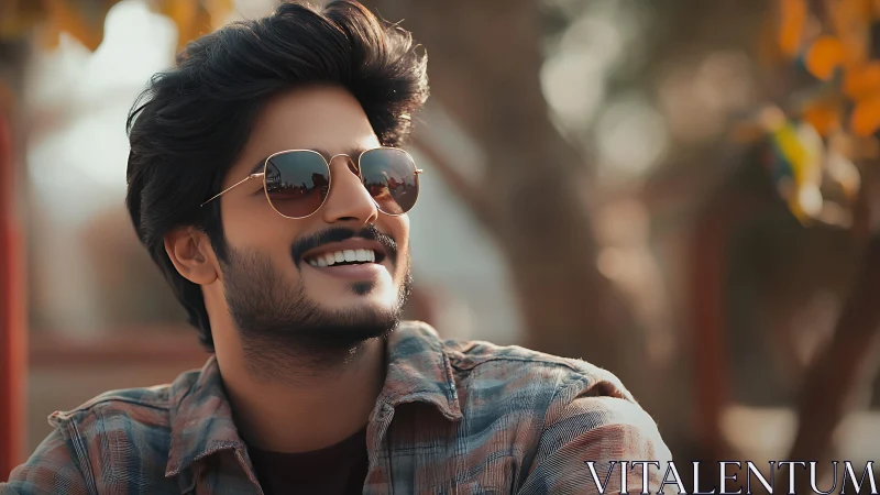 Smiling man in sunglasses basks in warm afternoon sunlight.