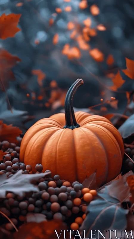 Autumn pumpkin rests amid berries in teal orange contrast.