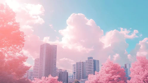 Pink city skyline under pastel clouds and turquoise sky.