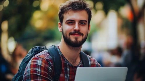 Smiling student with laptop enjoying a relaxed city afternoon.