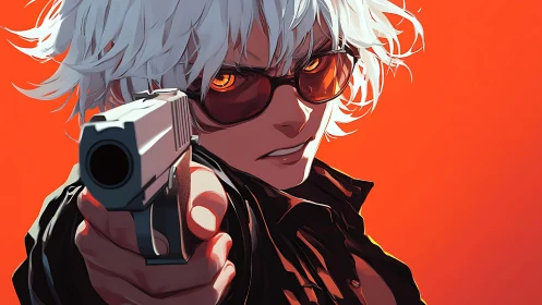 White haired anime shooter with pistol on red background.