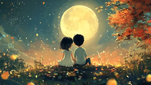 Two Children Under the Moon's Enchanting Glow.