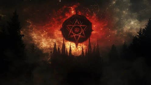 Infernal sigil eclipses gothic citadel amid turbulent nebular sky