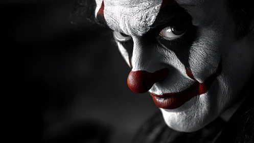 Eerie clown portrait gazes back with intense, shadowy charm