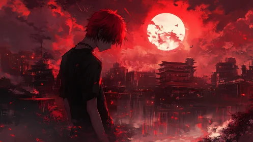 Red haired figure over dystopian city under blood moon.
