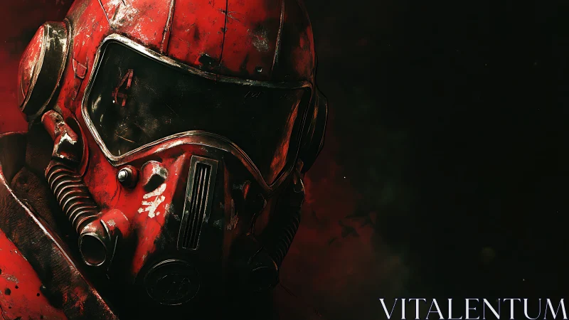 Red wasteland sentinel studies the dark with cracked visor