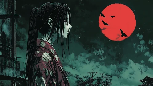 Profile view shows kimono figure under red moon sky