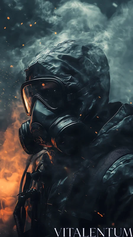 Lone gas mask survivor walks through swirling fire and smoke
